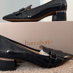 Franco Sarto Dark Navy Blue Patent Kiltie Loafers with Low Block Heel